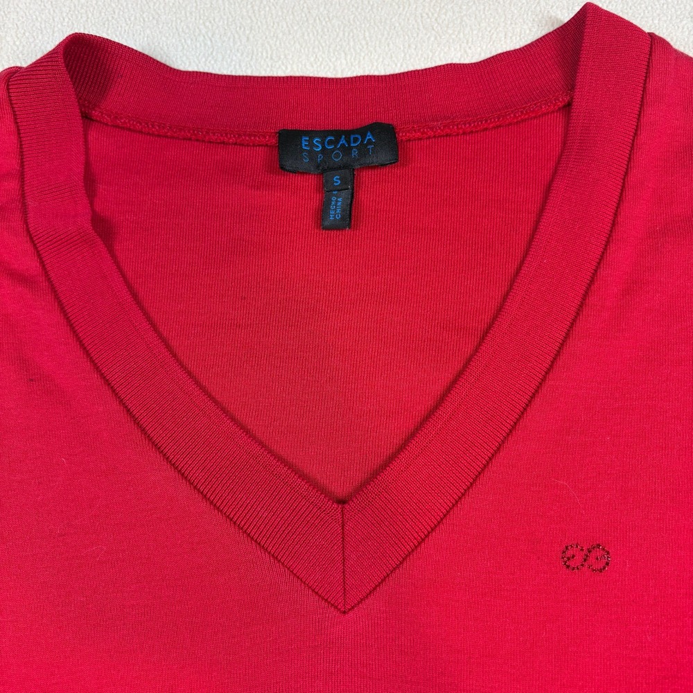 Escada‎ Sport Womens Red V-Neck Long Sleeve Cotton Knit Sweater S Logo Detail